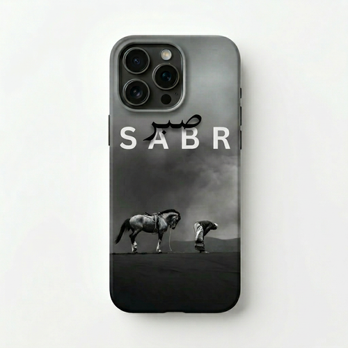 Man holding a phone with 'SABR' branding on a city street