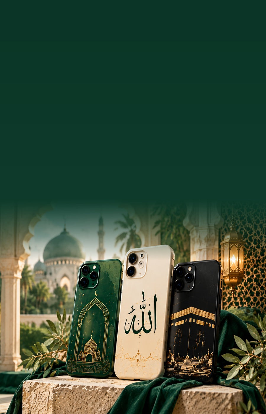 MIRAJ Islamic phone cases vertical mobile hero with dark emerald text space and Islamic architectural scenery