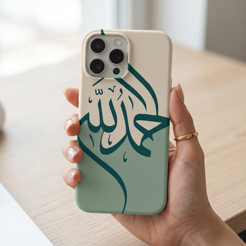 Phone case with Arabic text held by a hand on a light background