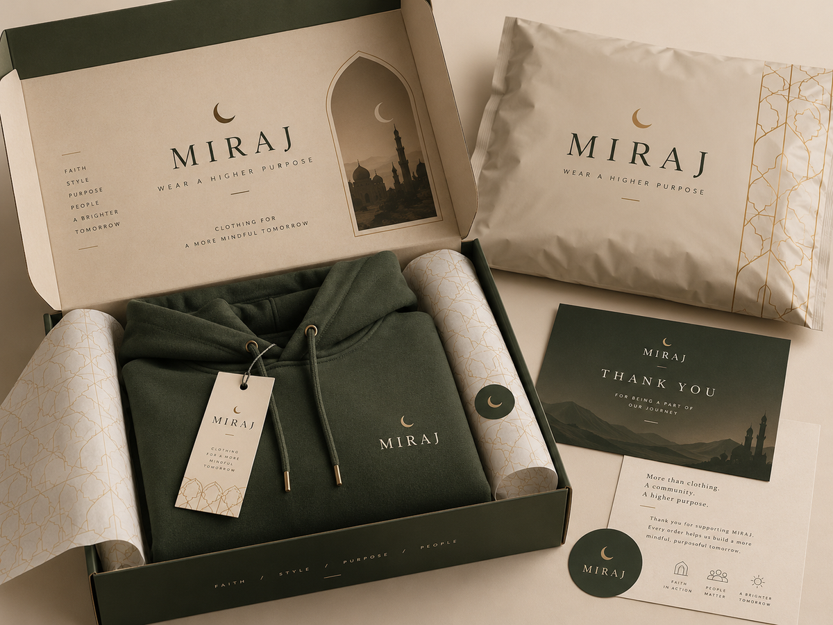 MIRAJ hoodie packaging with olive-green branded box, folded hoodie, thank-you card and tissue paper